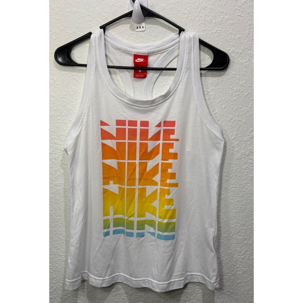 Nike Women's‎ Racerback Tank Top White Rainbow Logo Athletic Size S